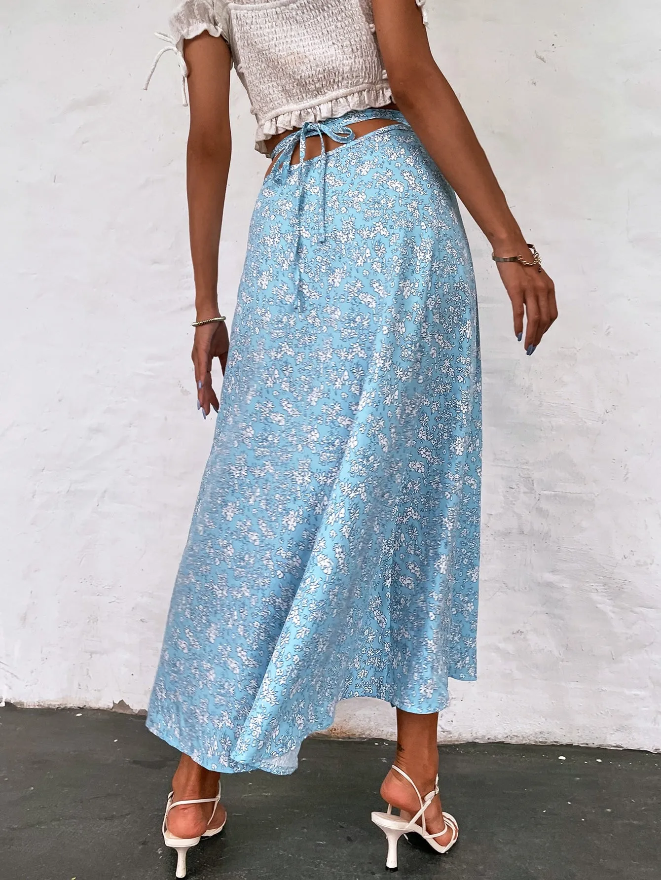 Boho Ditsy Floral Tie Back High Waist Long Women Skirt