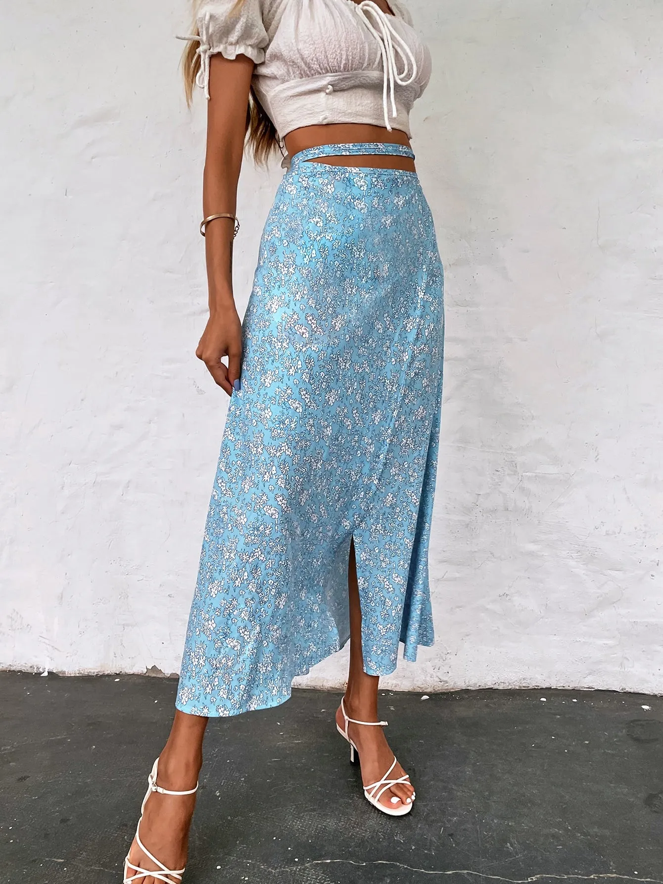 Boho Ditsy Floral Tie Back High Waist Long Women Skirt