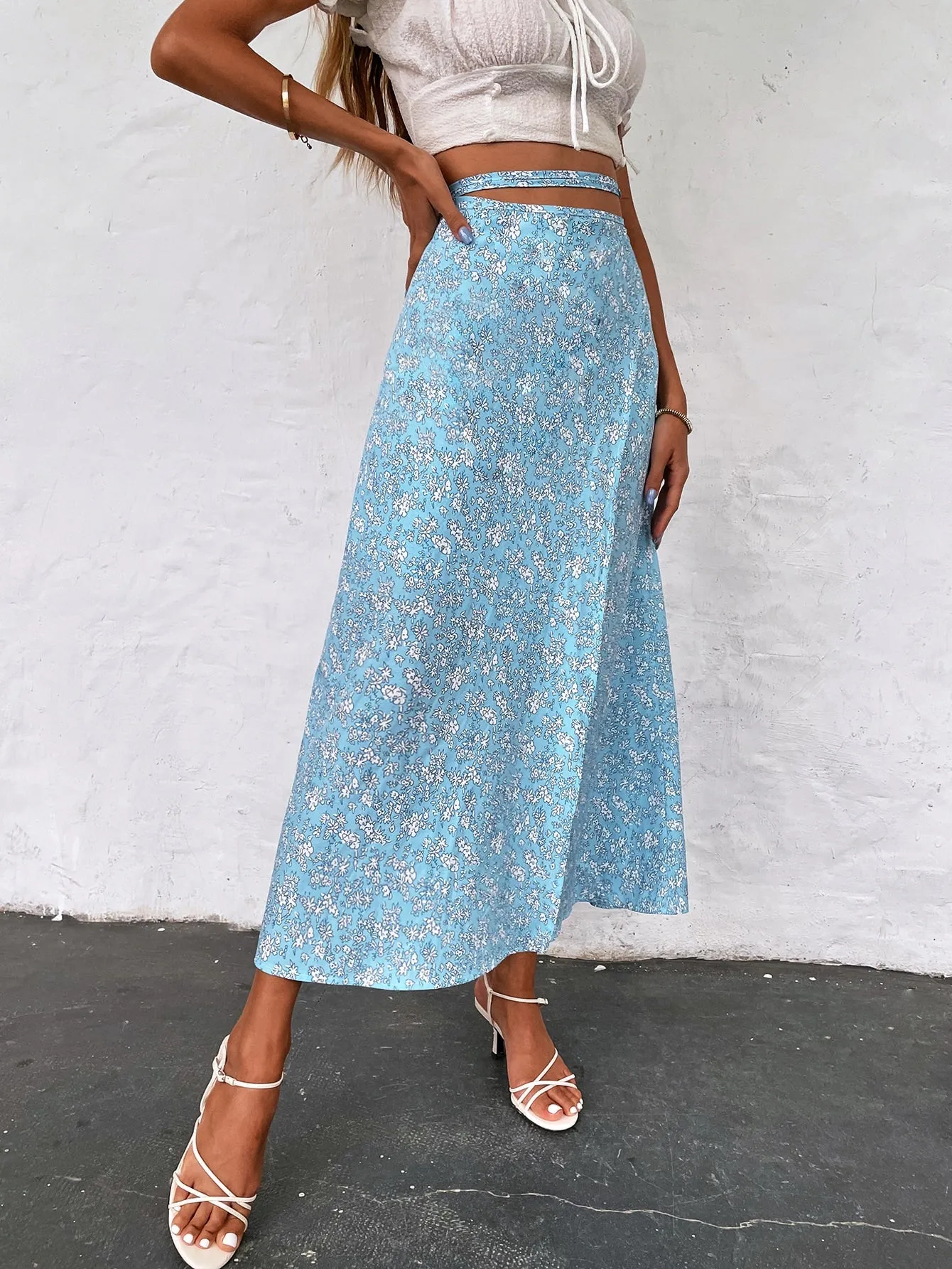Boho Ditsy Floral Tie Back High Waist Long Women Skirt