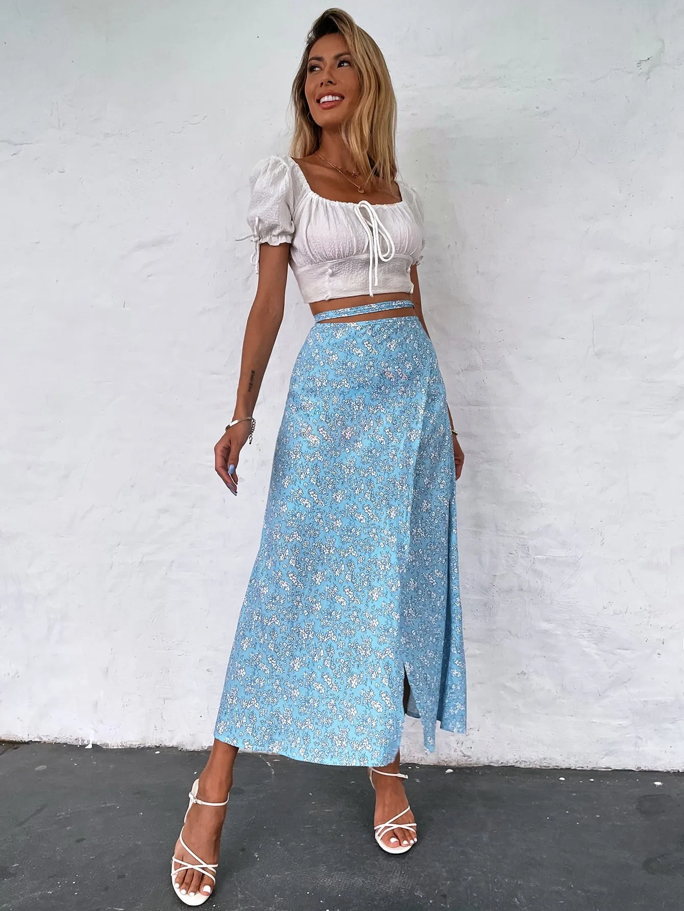 Boho Ditsy Floral Tie Back High Waist Long Women Skirt