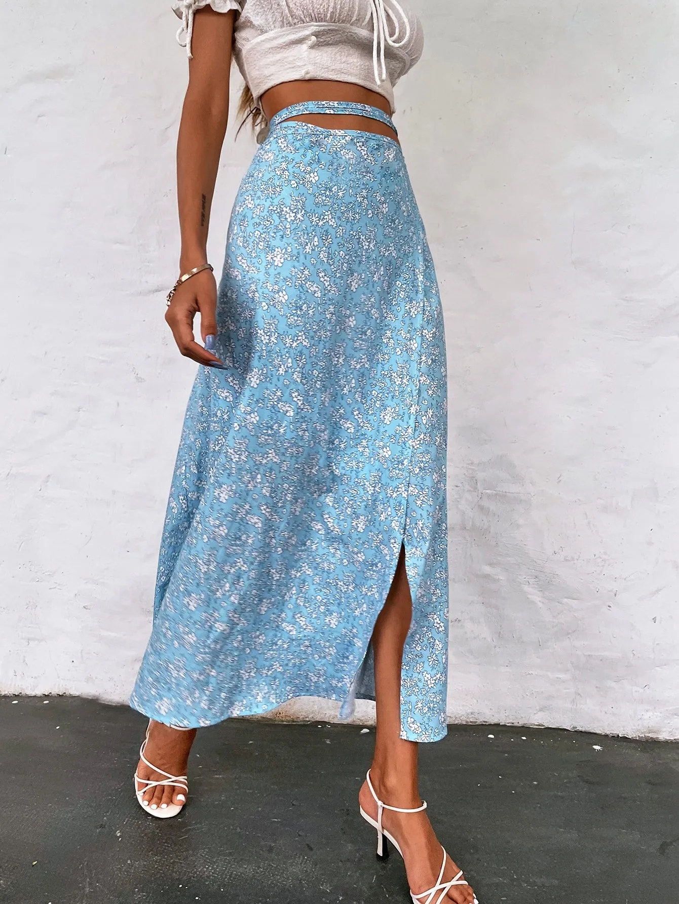 Boho Ditsy Floral Tie Back High Waist Long Women Skirt