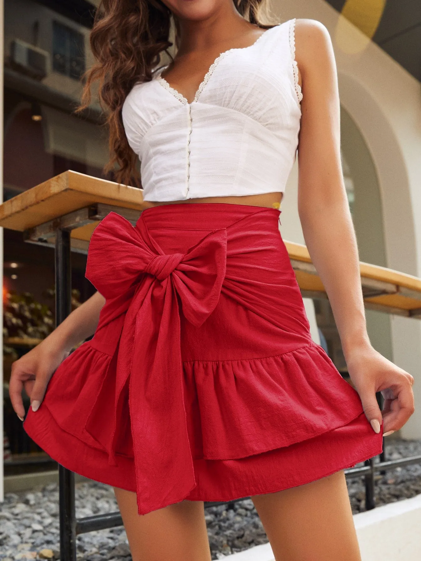 Boho Plain Tie Front High Waist Short Women Skirt