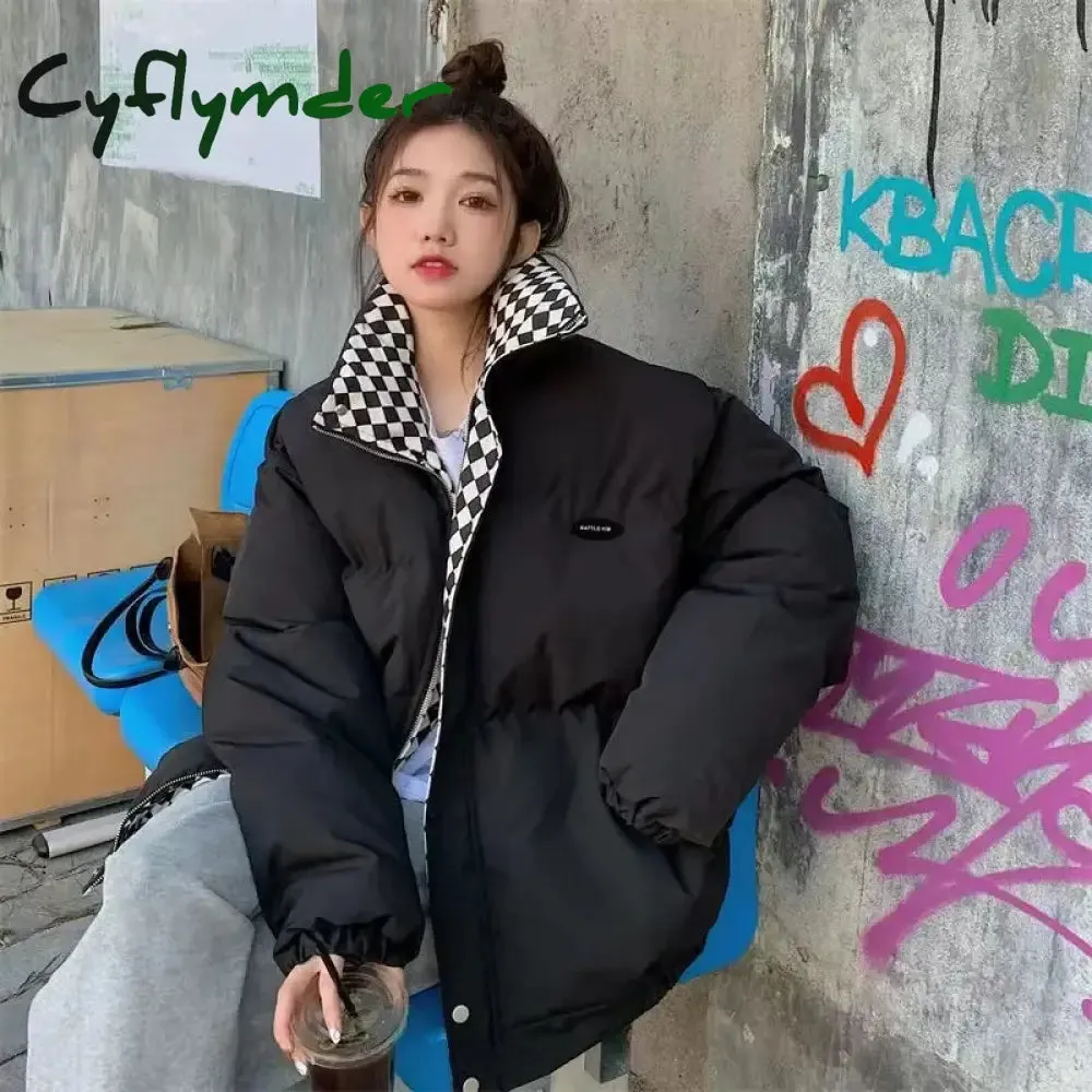 Cyflymder New Winter Down Cotton Jacket Women Zipper Loose Padded Coat Female Solid Thickening Warm Puffer Parkas Jackets Black White