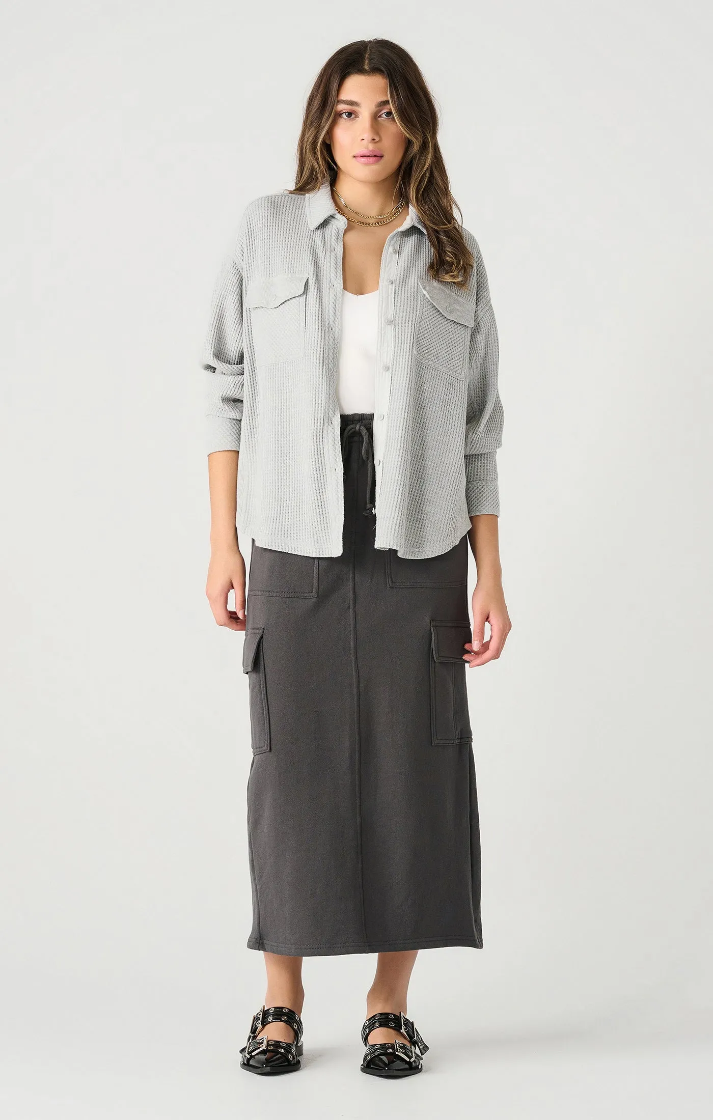 Dex Light Grey Heather Thermal Knit Button Front Jacket with Pockets