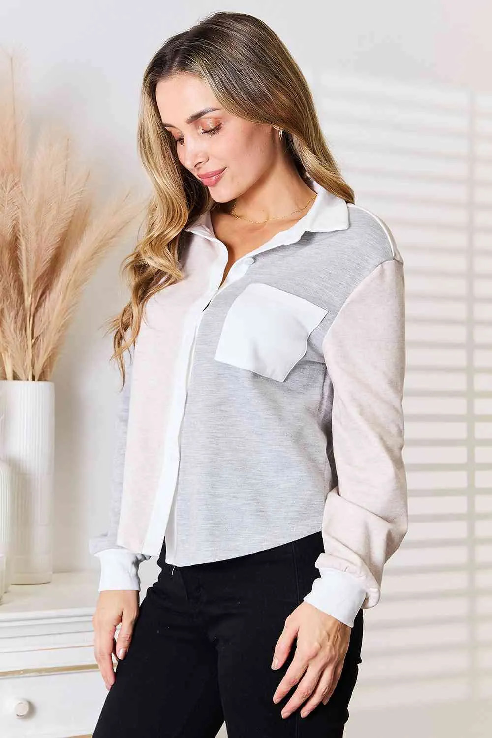 Double Take Color Block Curved Hem Top