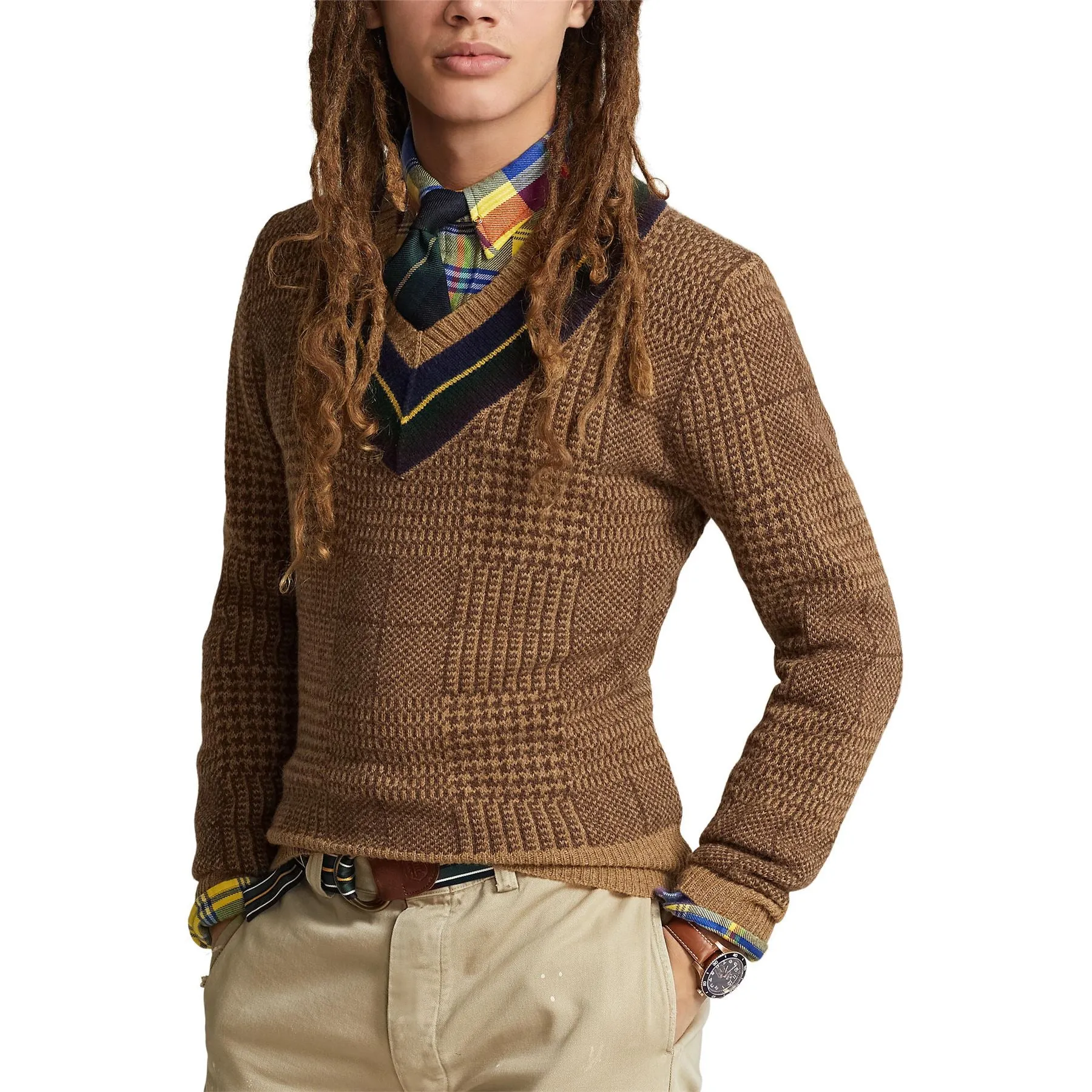 Glen Plaid Wool Cricket Sweater Camel Combo - AW23