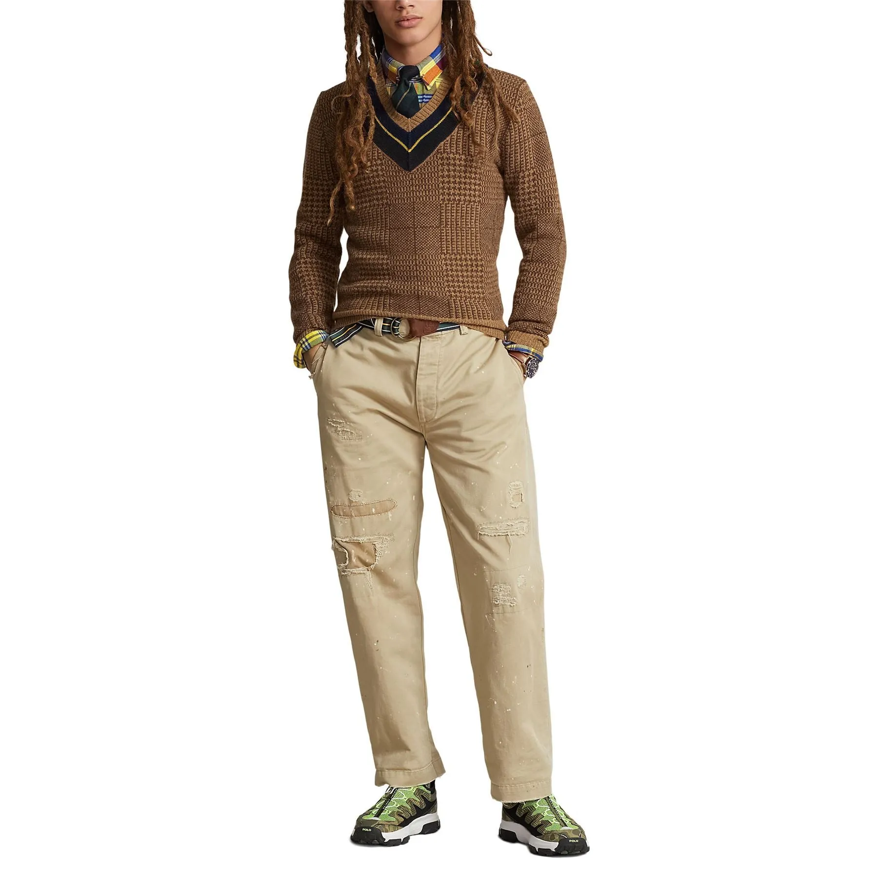 Glen Plaid Wool Cricket Sweater Camel Combo - AW23