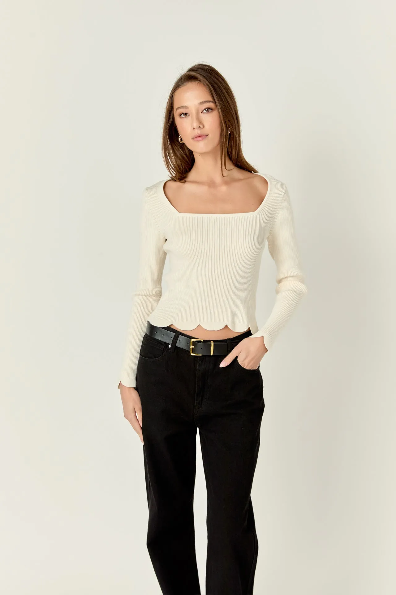 Scallop Hem Long Sleeve Sweater