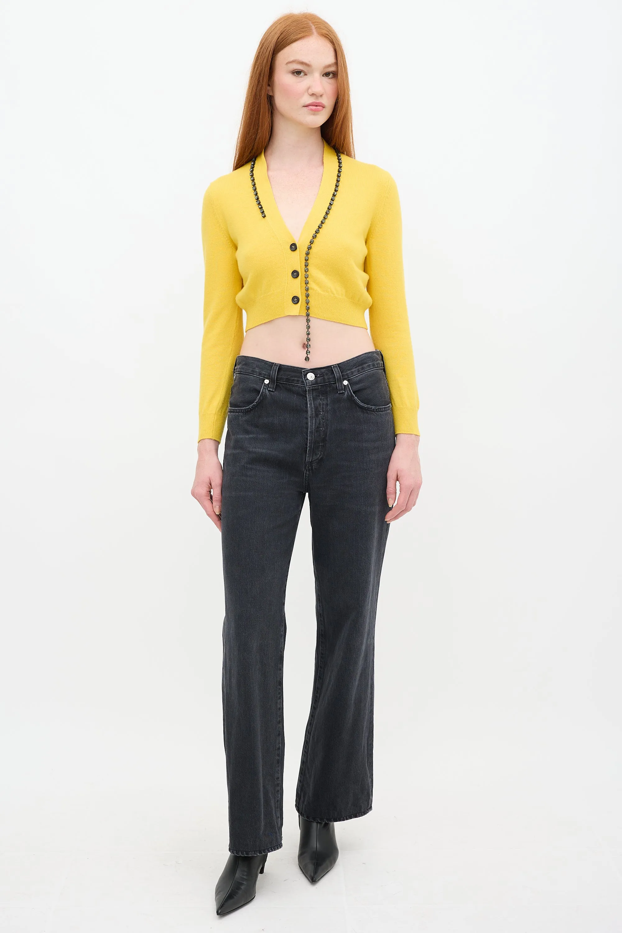 Yellow Wool Cropped Rhinestone Cardigan