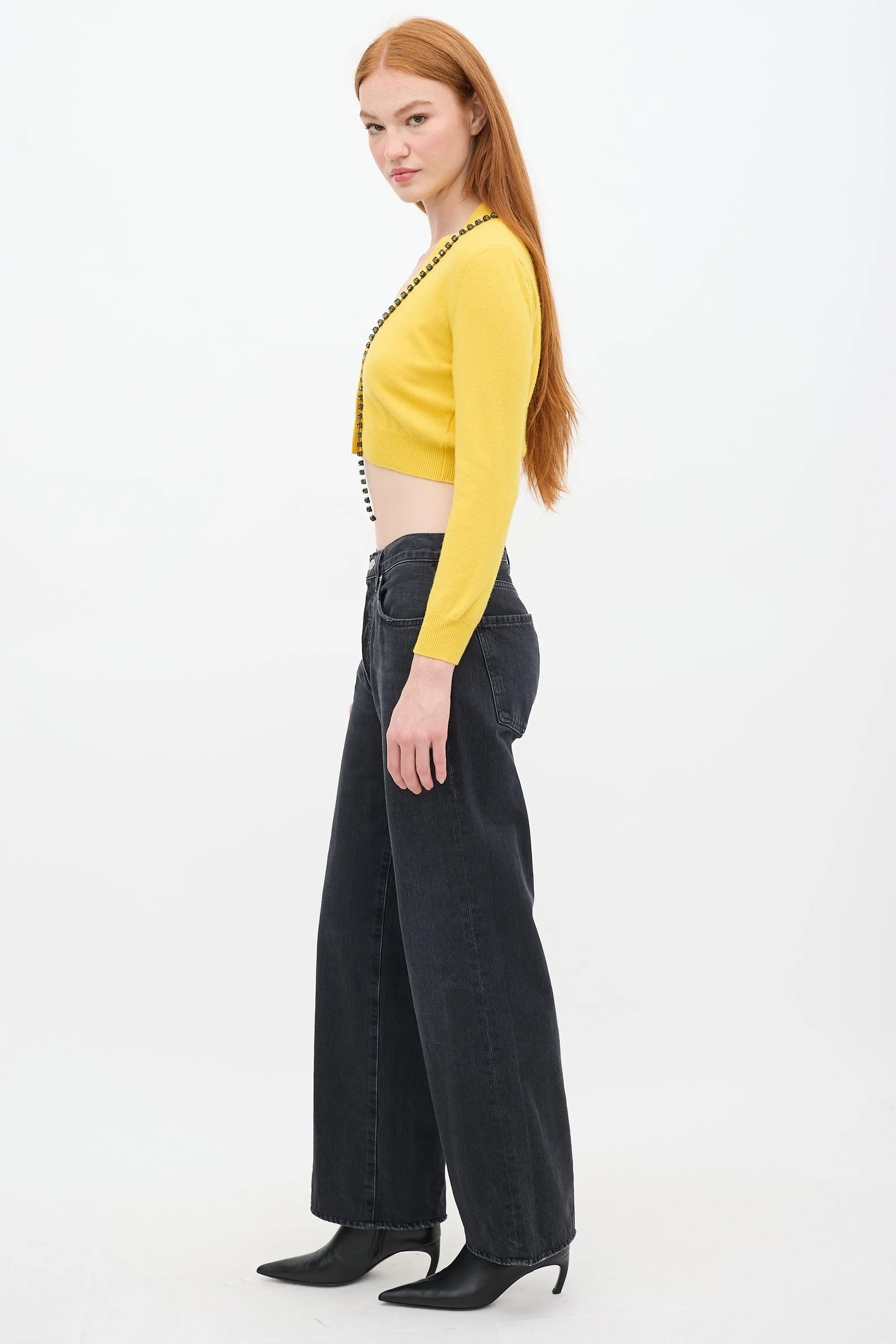 Yellow Wool Cropped Rhinestone Cardigan