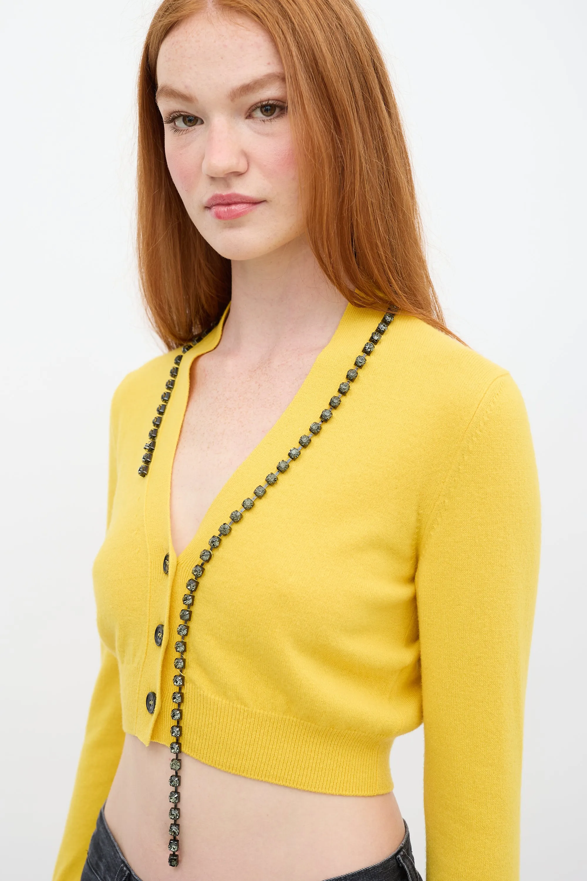 Yellow Wool Cropped Rhinestone Cardigan