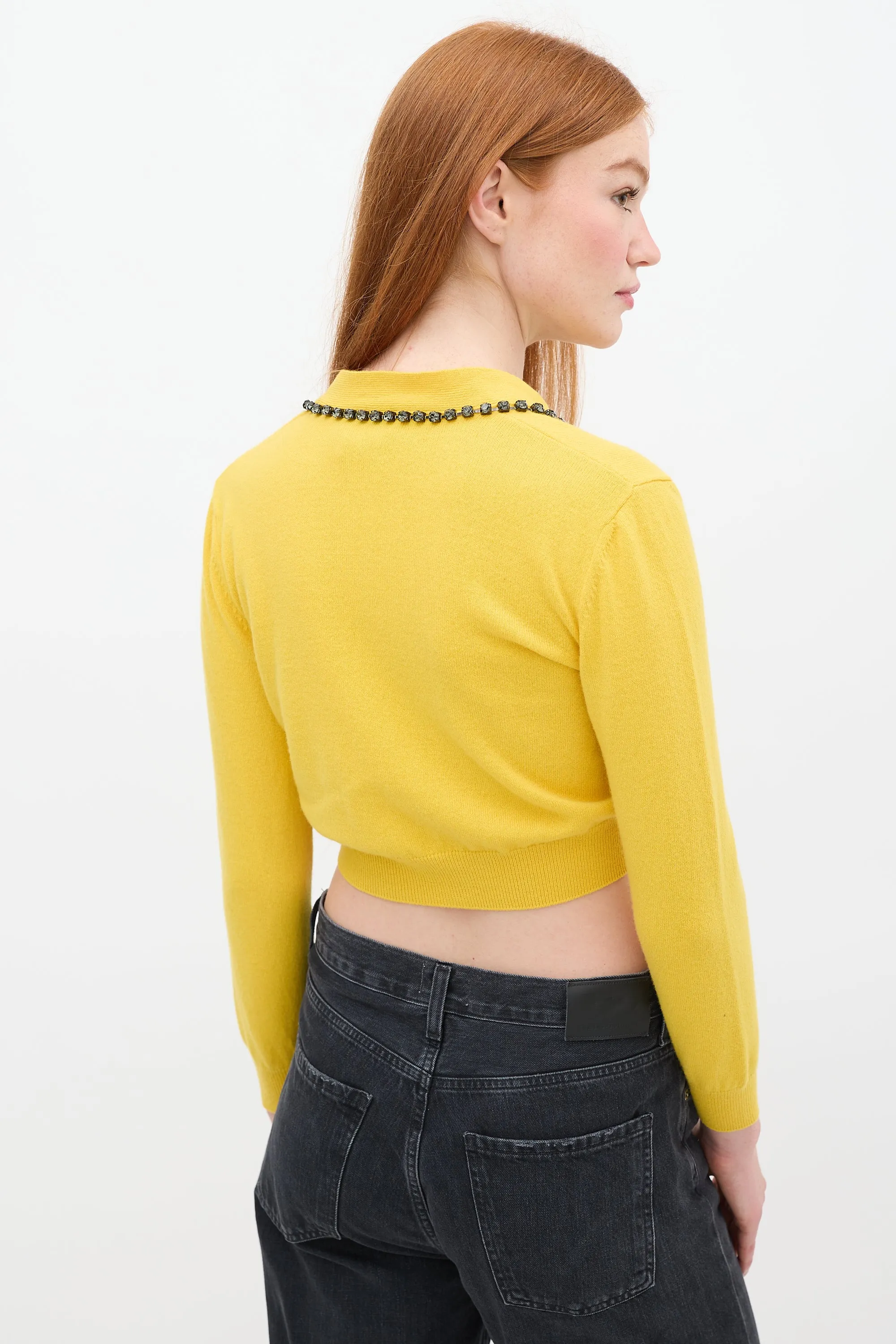 Yellow Wool Cropped Rhinestone Cardigan